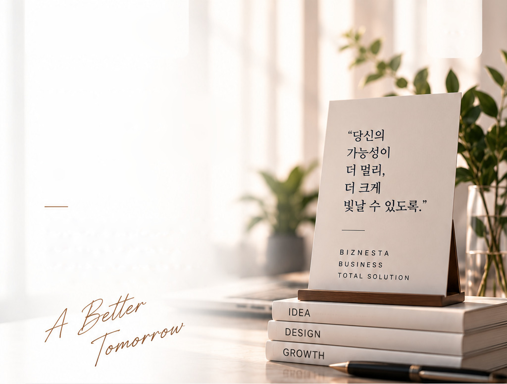 BIZNESTA 메시지 카드와 IDEA · DESIGN · GROWTH 서적이 놓인 밝은 작업 공간