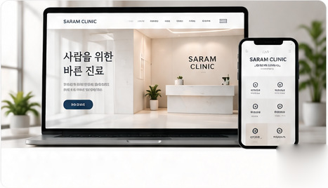 노트북과 스마트폰에 표시된 병원 홈페이지 디자인 샘플