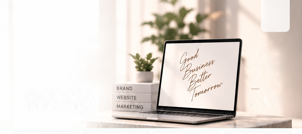 Good Business Better Tomorrow 문구가 놓인 노트북과 BRAND · WEBSITE · MARKETING 서적
