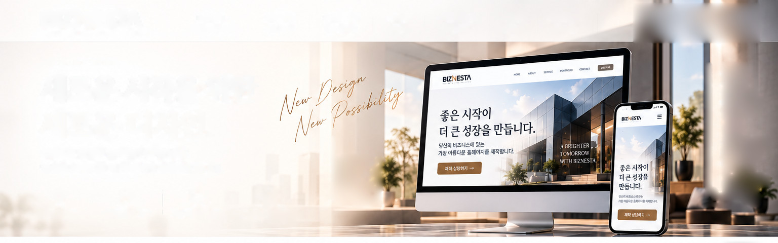 모니터와 휴대폰에 표시된 새 홈페이지 디자인