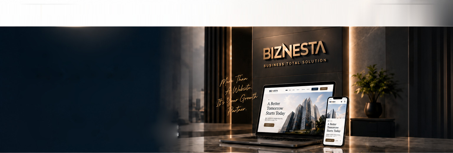 어두운 석재 벽면의 BIZNESTA 사이니지와 대리석 카운터 위의 노트북·모바일 목업